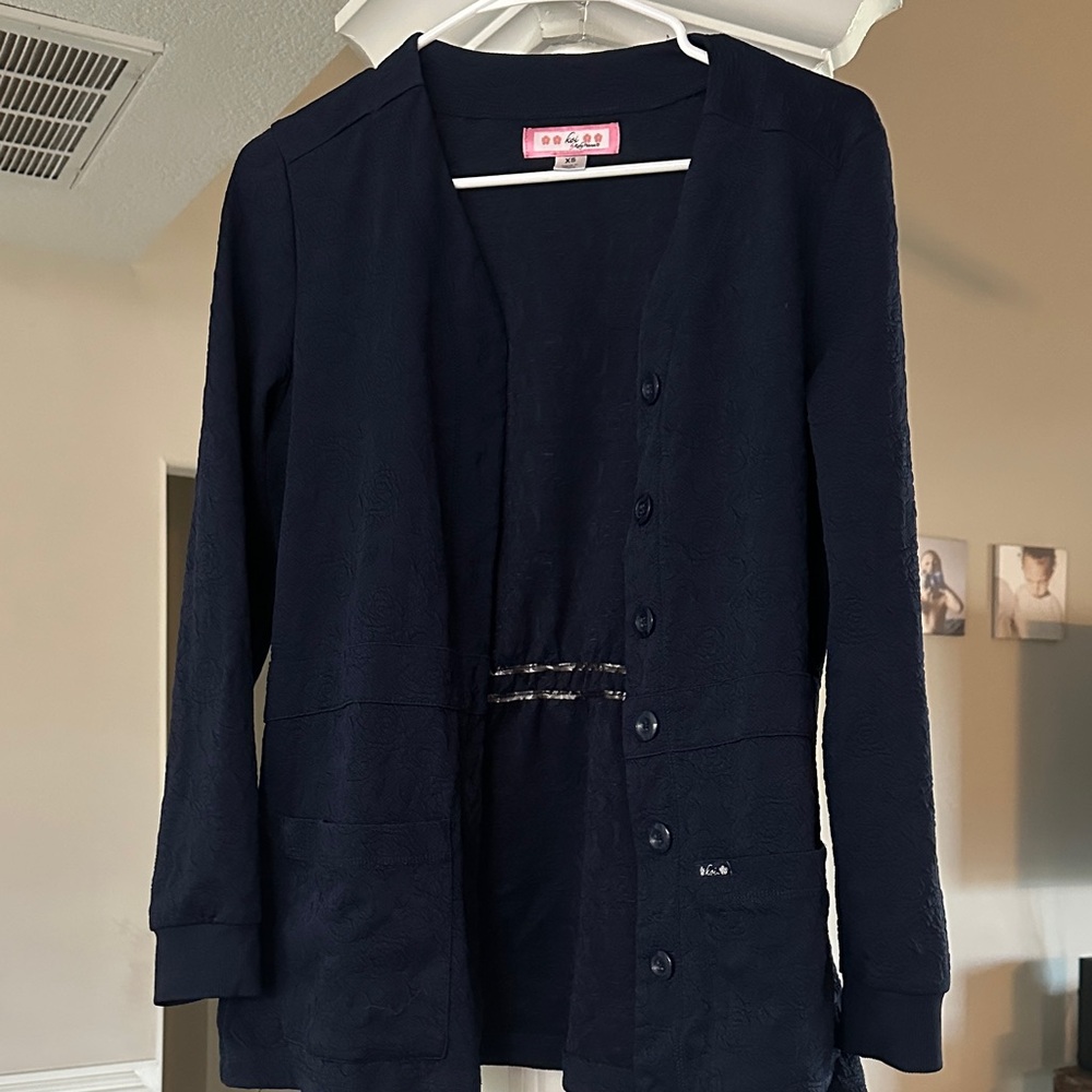 Blue Textured Koi scrub Cardigan with Button Front